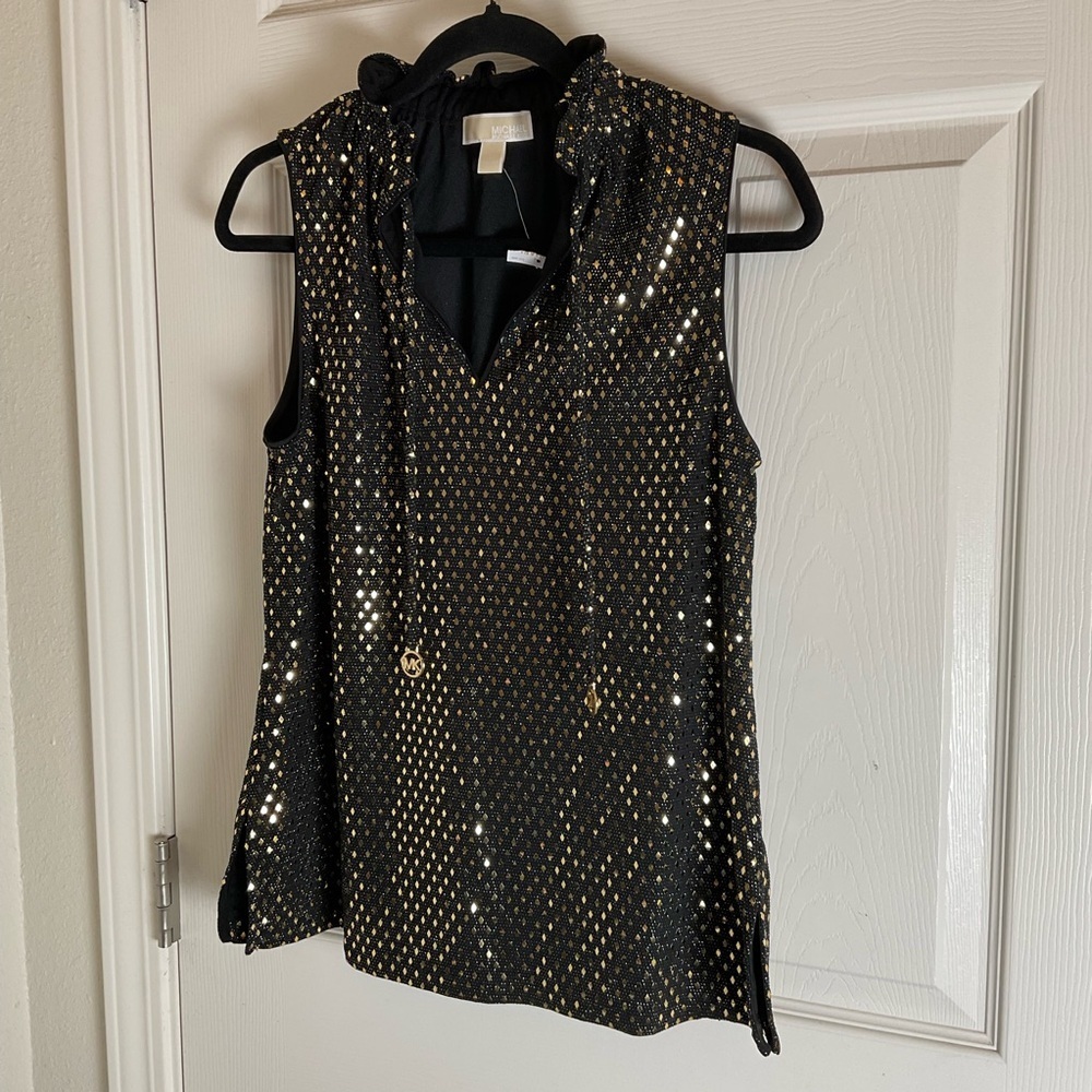 MICHAEL Michael Kors Black Gold Metallic Diamond Ruffle V-Neck Top Size M - Picture 2 of 11